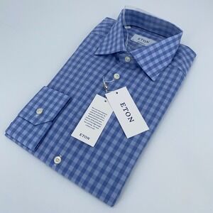 Eton Dress Shirt Mens M 15 1/2 - 39 Poplin Blue Plaid Contemporary Fit Button Up